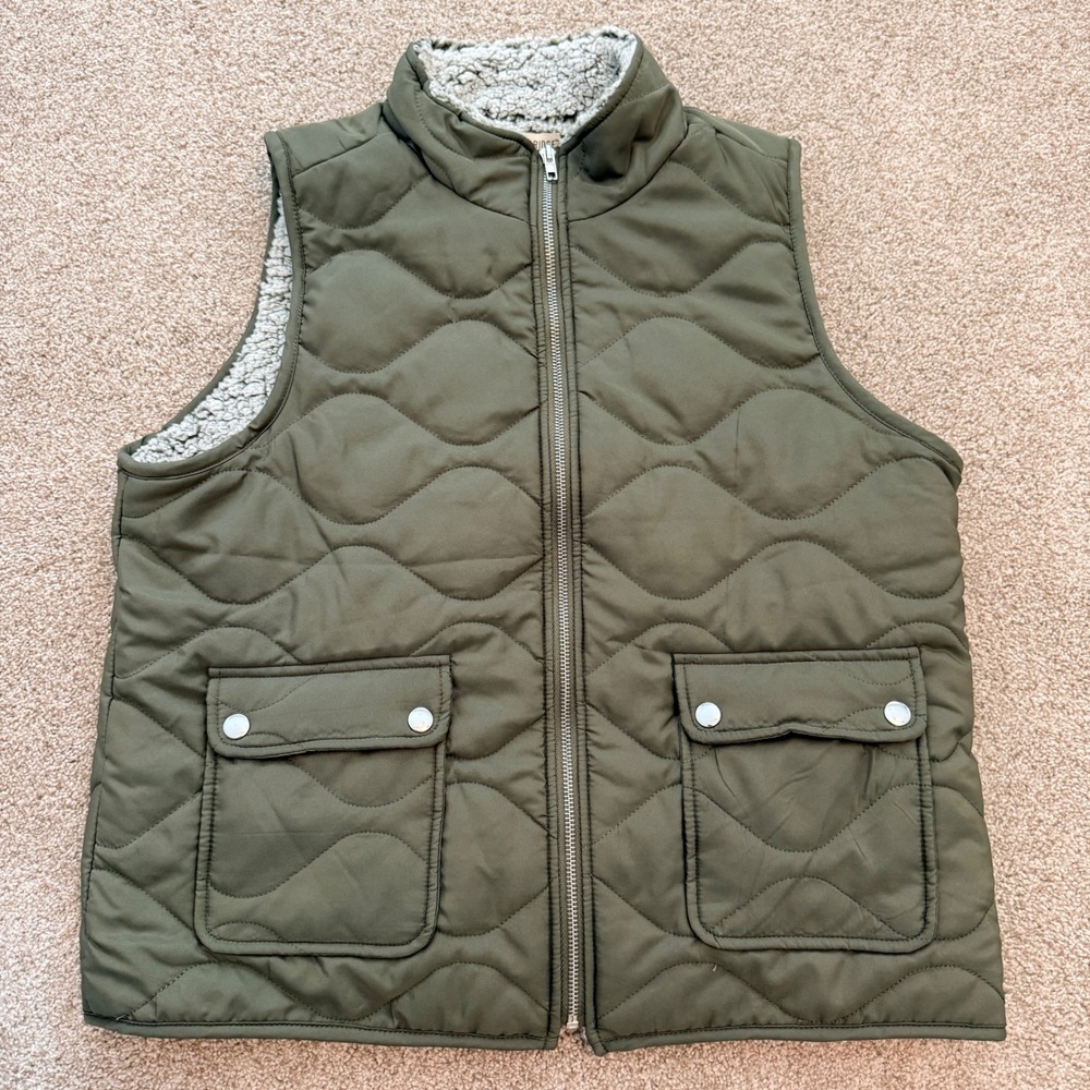 Mountain Ridge Quilted Sherpa Lined Vest Womens Medium Dusty Olive Green LC43